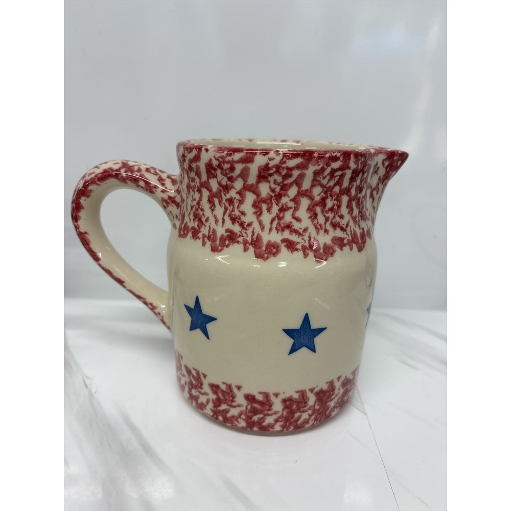 VTG Gerald Henn Roseville Spongeware Pitcher Old Glory Americana Flag Stoneware - Picture 2 of 8